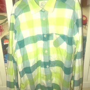 AEO button up shirt lime green blue white plaid